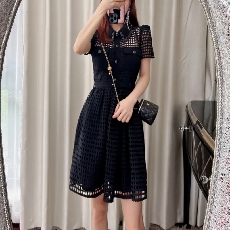 Casual Dresses S-elf- portrait Black Grid Lace Mini Dress