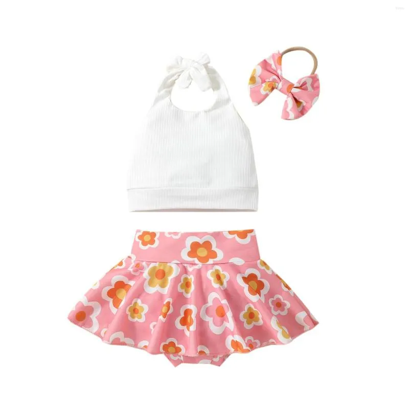 Ensembles de vêtements Enfants Filles Shorts Ensemble Laçage Dos Nu Gilet Dos Nu Avec Fleur Imprimé Jupe Et Bandeau