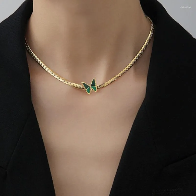 Chaînes En Acier Inoxydable 316L Chaîne Cubaine Vintage Vert Papillon Dames Collier De Mode Exquis Bijoux N-103