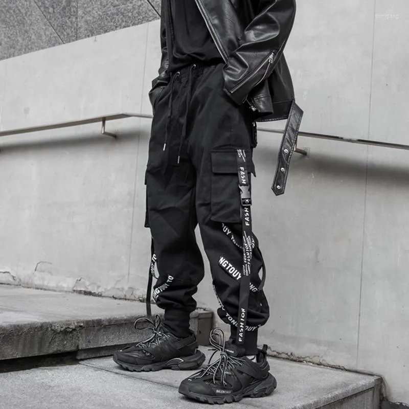Herrbyxor mode joggers män last svart pocket sweatpant streetwear hip hop byxa taktiskt band