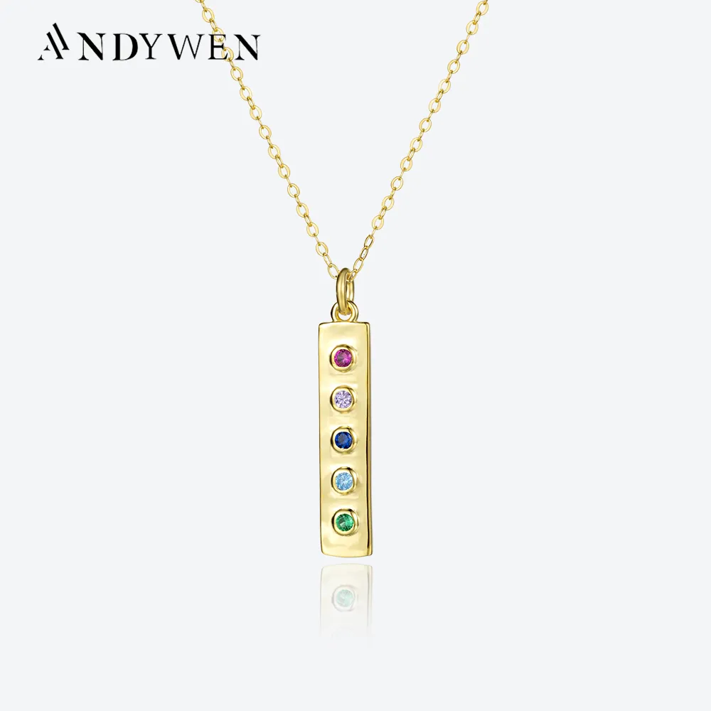 ANDYWEN 925 Sterling Silver Gold Long Square Arcobaleno Ciondolo CZ Collana girocollo Inverno 2022 Donna Rock Punk Fine Jewelry Gift