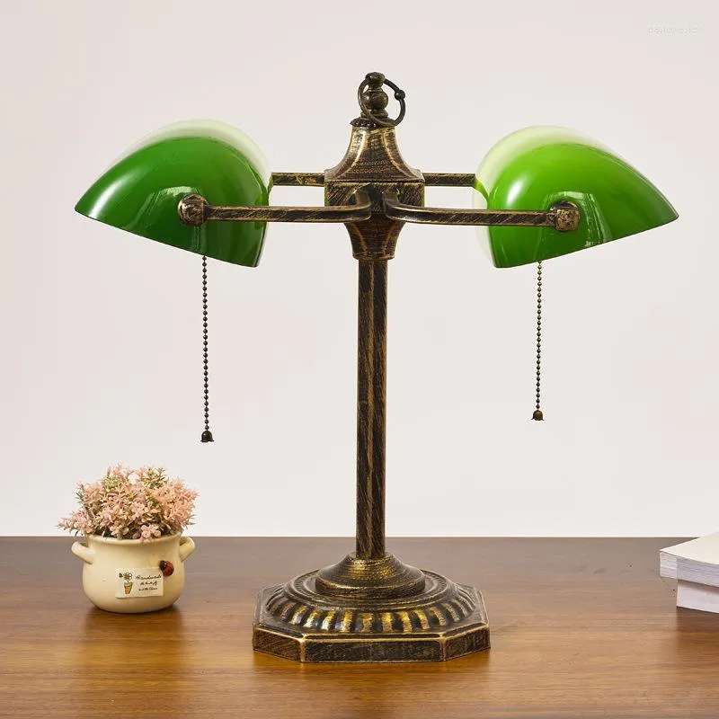 Vintage Green Desk Lamp with Double Heads Metal Base Old Shanghai Style Bedside Lamp for Bedroom Study and Work EU Plug CCC Certified