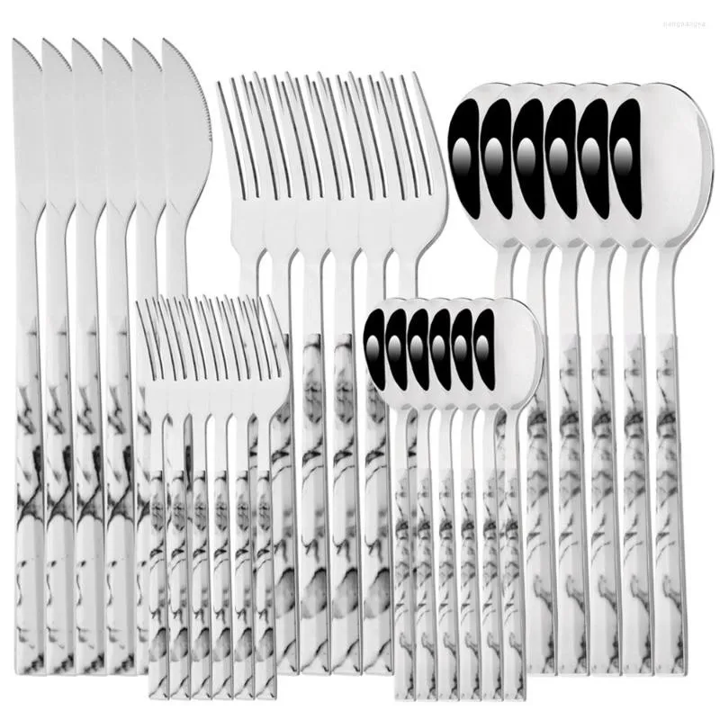 Dinnerware Sets Western Kitchen 30Pcs White Silver Flatware Stainless Steel Cutlery Set Dinner Knife Fork Coffee Spoons Tableware