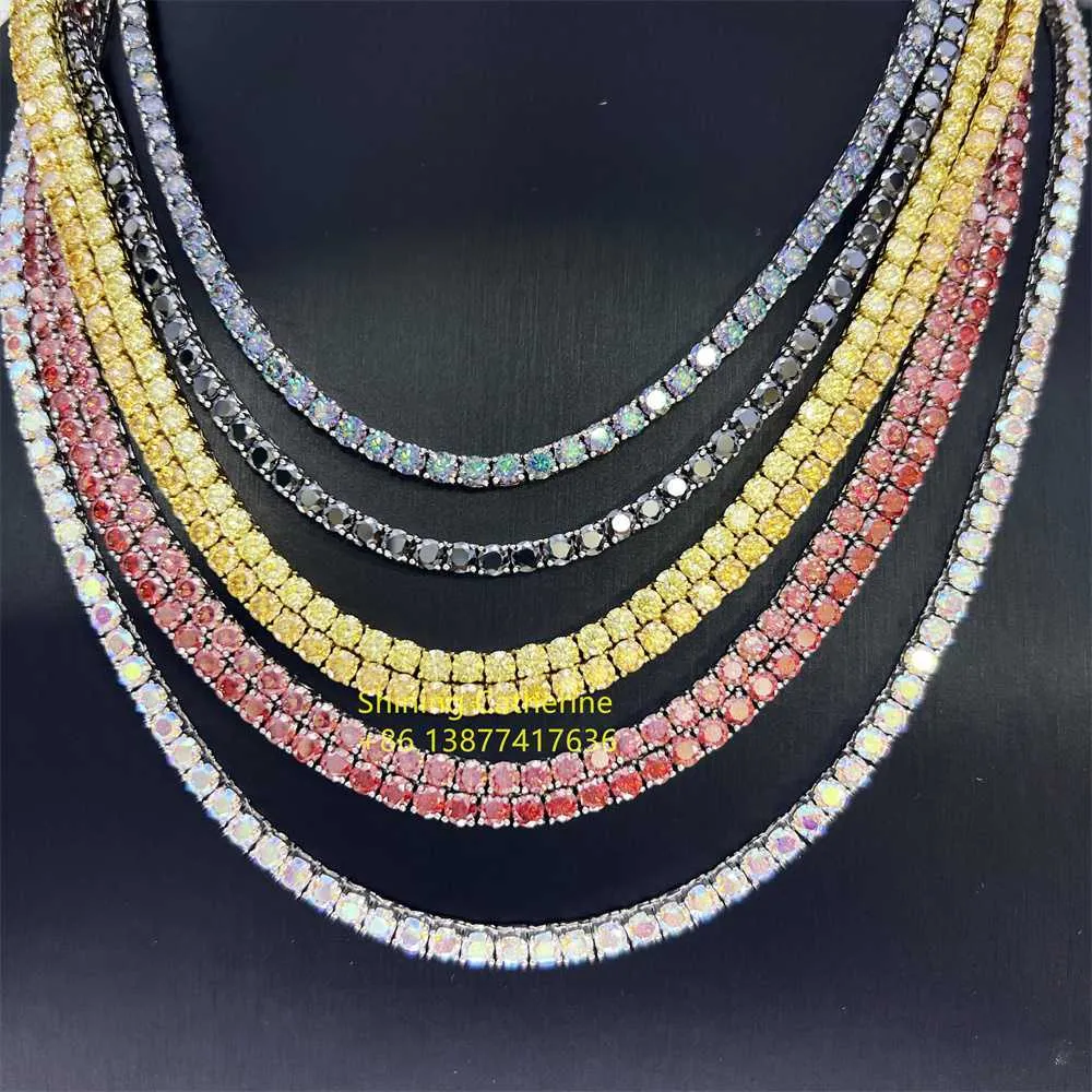 Luxus-Fabrikpreis-Tenniskette 3 mm 4 mm Vvs Lab-Diamant-Halskette Schmuck Ausgefallene farbige Moissanit-Tennis-Halskette