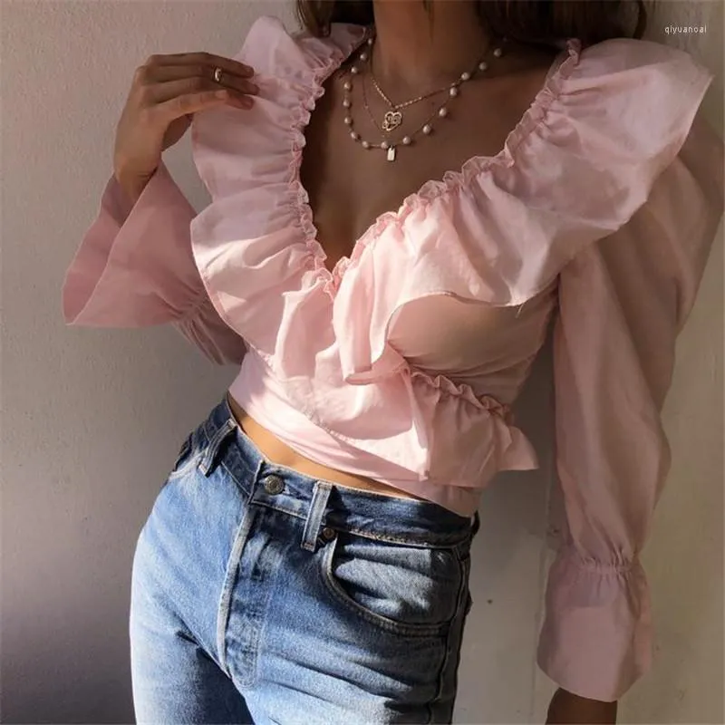 Chemisiers pour femmes Hauts pour femmes et élégants à manches longues à volants Bandage Crop Top Sexy Soirée Club Chemise Streetwear Blusa Feminina