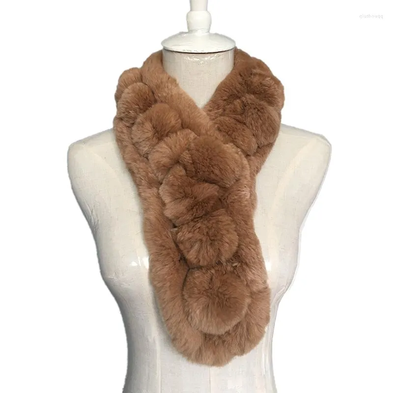 Scarves Autumn Winter Women's Genuine Real Rex Fur Muffler Lady Warm Pom Scarf Handmade Neck Warmers VF5007