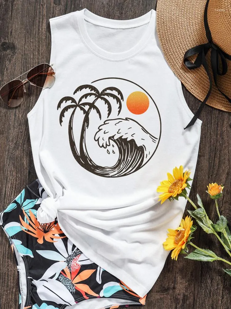 Women's Tanks Women Vacation Tank Top Wave Sunset Coconut Tree Graphic Tees Hawaiian Holiday Summer Sleeveless Shirt White Beach Vest