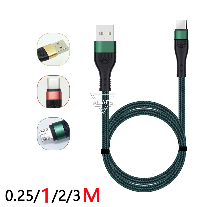 1M/3FT 2M/6FT 3M/10FT 3A cables de carga rápida tipo c cable de datos del teléfono USB micro carcasa de metal cable trenzado de nailon