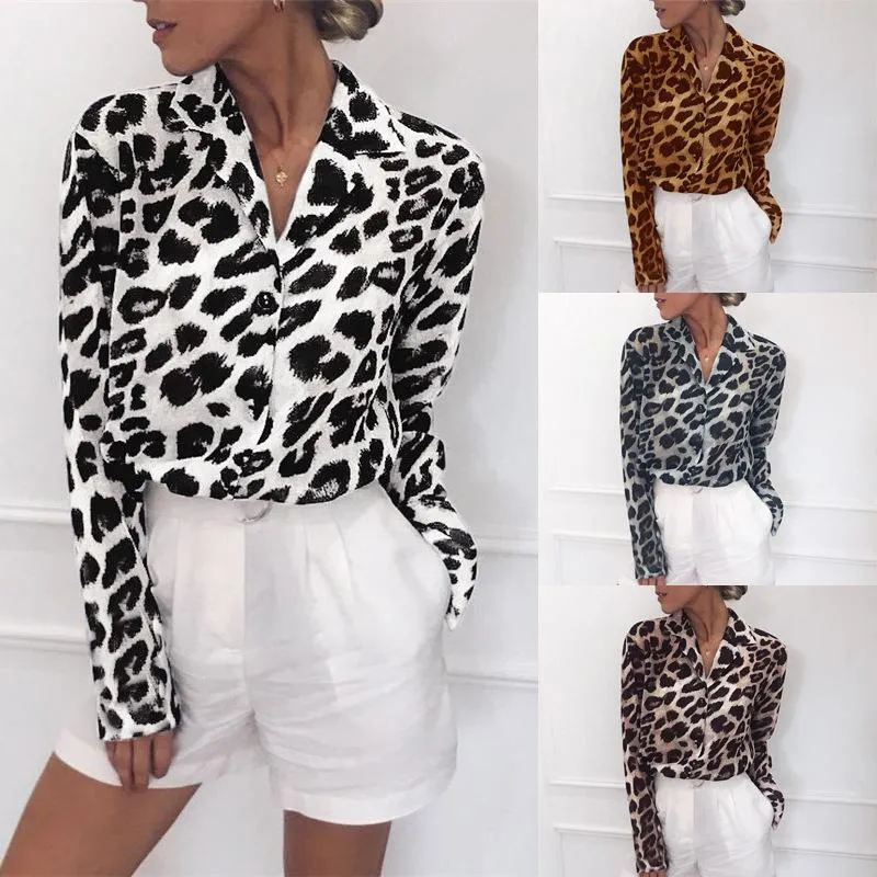 Camisa chiffon blusa manga longa sexy leopardo impressão blusa turn down collar senhora camisa de escritório túnica casual solto topos de grandes dimensões