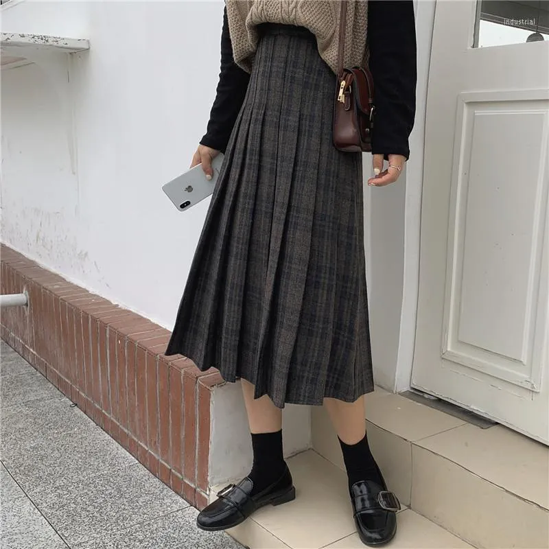 Skirts Autumn Winter Plaid Wool Skirt High Waist Female Elegant Midi Pleated Feminino Oversized 3XL4XL Women A-line