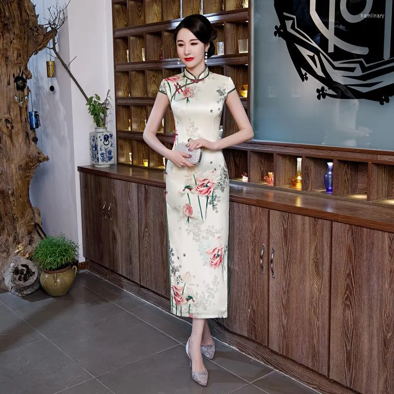 Roupas étnicas estilo chinês vestido formal cheongsam mulheres cetim de seda longa qipao vintage elegante flor flor