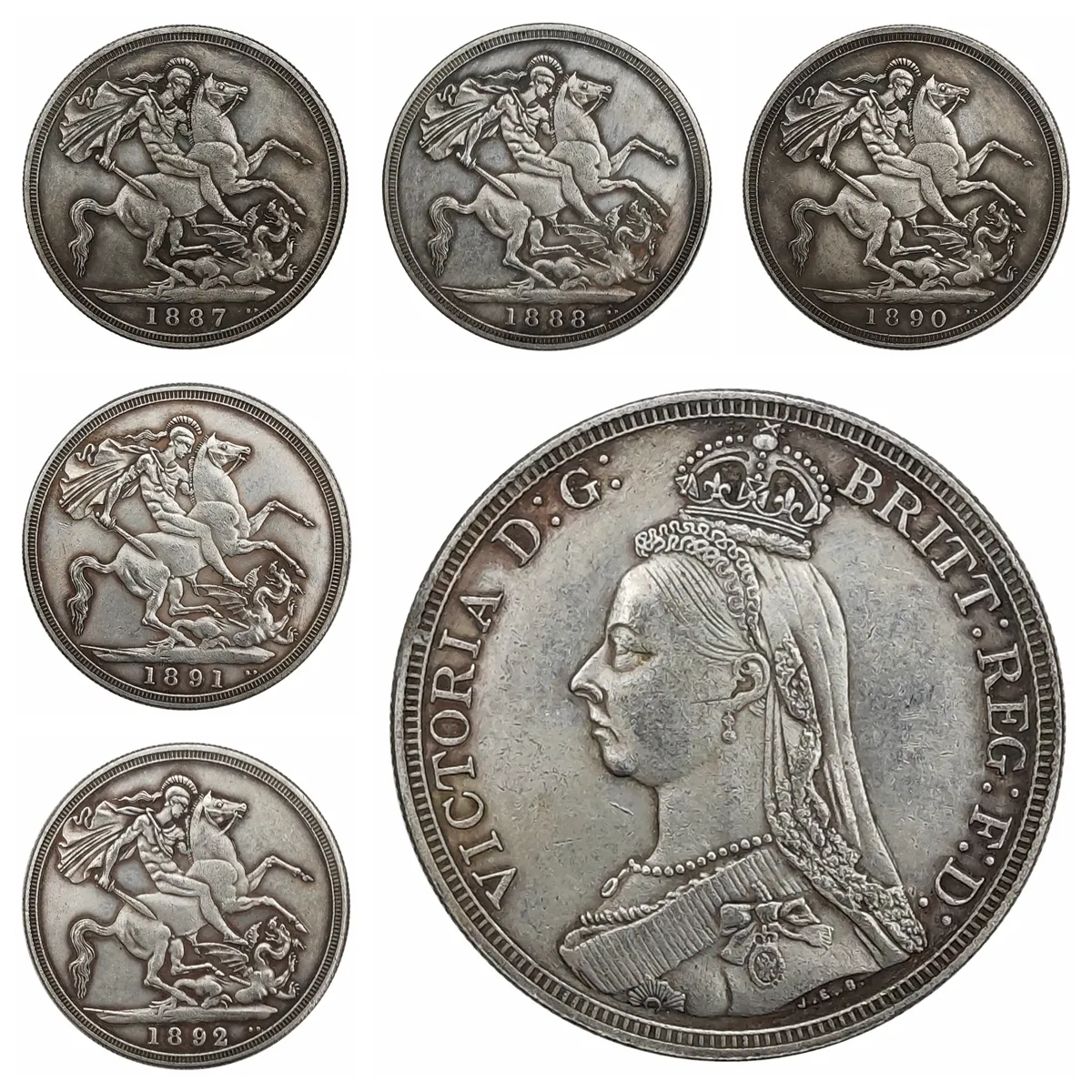 ROYAUME-UNI 1887 1888 1890 1891 1892 1 Couronne - Victoria 2ème portrait Argent plaqué Copie Coins