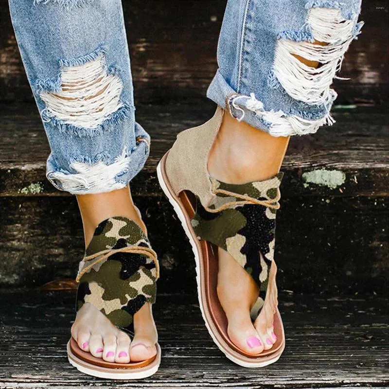 Sandals TELOTUNY Women Casual Camouflage Printed Summer Flip Flops Flat Comfy Outdoor Back Zipper Beach Shoes 2023