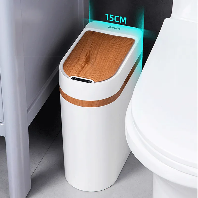 Avfallsfack 10L Smart Trash Can N Seam Imitation Wood Touch Free Automatic Sensor Bin för hushållens badrum 230512