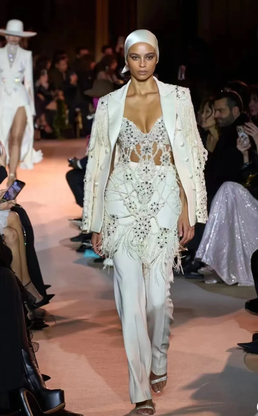 Evening dress Yusuf Al Jasmi white openwork suit jacket tassel trousers zuhair Muradkin Kardashian Kelly Jenner