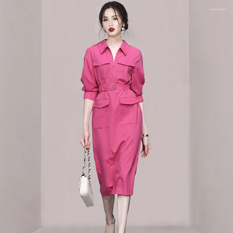 Casual Dresses 2023 Summer Women's Temperament Retro Rose Red Belt Slim Midje Workwear Dress Elegant Sheath Pencil