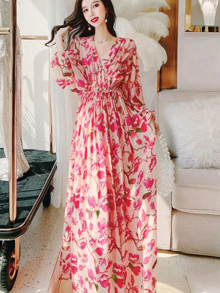 Vestidos casuales Vacaciones Vestido de gasa de manga larga Mujer Big Swing Floral Elegante Playa Primavera Verano Cuello en V 2023