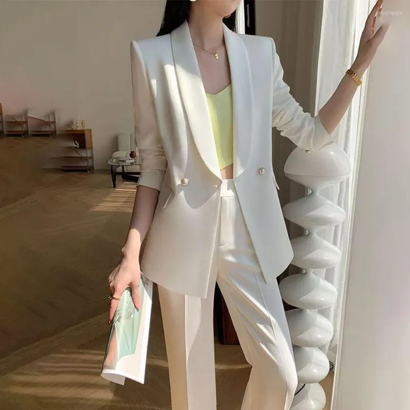 Women's Two Piece Pants Spring Women Suits Office White Blazer Pantsuit Elegant Casual Loose Jackets Wide Leg Trousers 2 Pcs Set Female