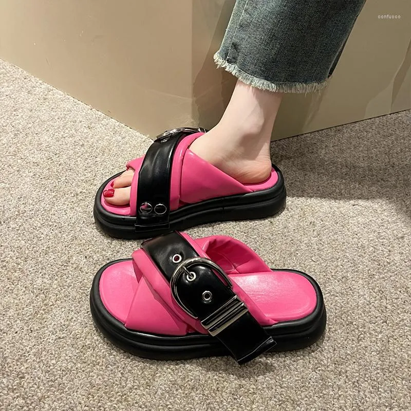 Slippare Summer Oxford Rom Platform Mid Heels Women Buckle Fad Party Slides Flip Flop Shoes Sandaler