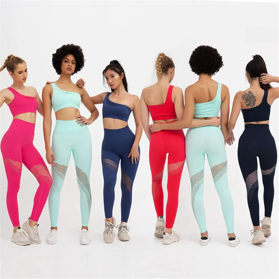 2020 Donne 2 pezzi Yoga Set Seamless Workwout Romvable Coppe Tracolla singola Top Supporto alto Reggiseno fitness Skinny Long Legging314a