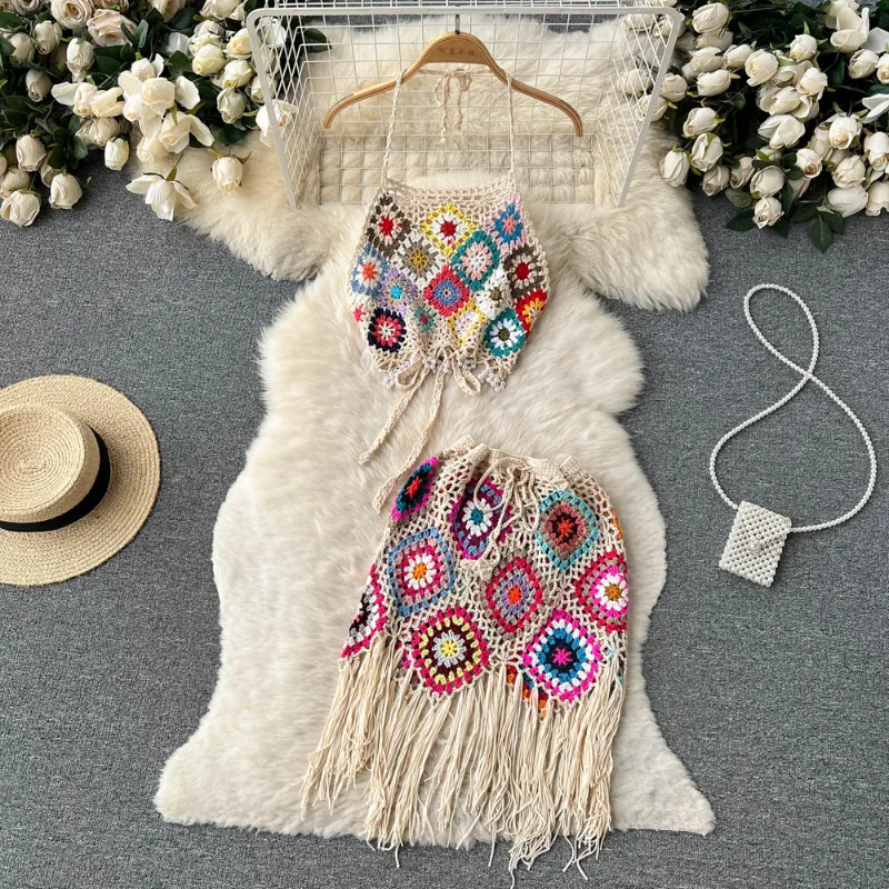 Two Piece Dress Summer Two Piece Set Women 2023 Summer New Patchwork Fashion Hook Flower Hollow Indie Folk Suits Camis + Mini Bodycon Skirts