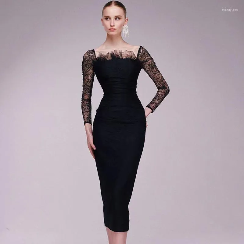 Casual Dresses Elegant Lace Patchwork Women Dress Winter Long Sleeve Slash Neck Bandage Outfits Sexy BodyCon Party Clubwear Vestidos Kvinna