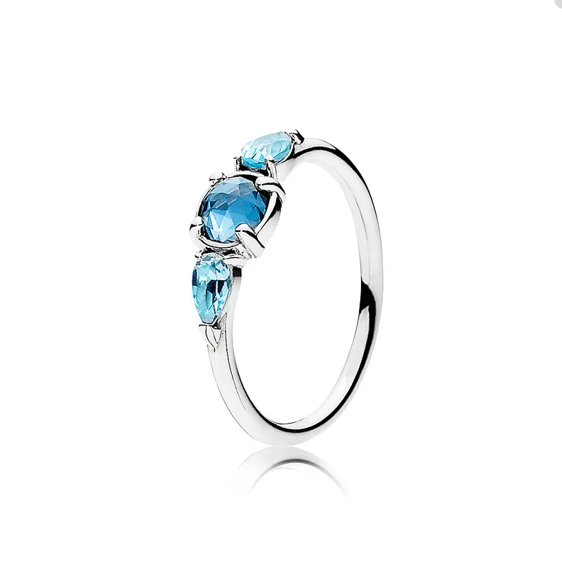 パンドラのための青い3つの石のリング925スターリングシルバーウェディングパーティージュエリーセットデザイナーリング女性姉妹ギフトクリスタルダイヤモンドリングオリジナルボックス