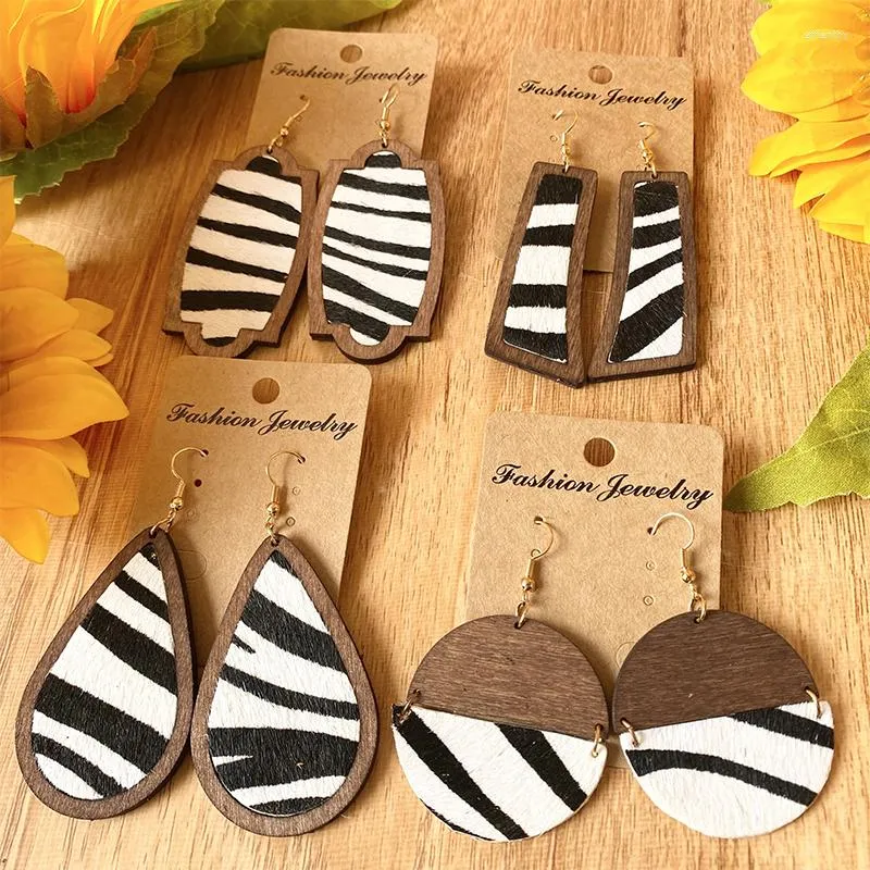 Bengelen oorbellen gestructureerd zebra patroon drop oorr earring mode sieraden retro vintage houten geometrische bohemien echt leer voor vrouwen