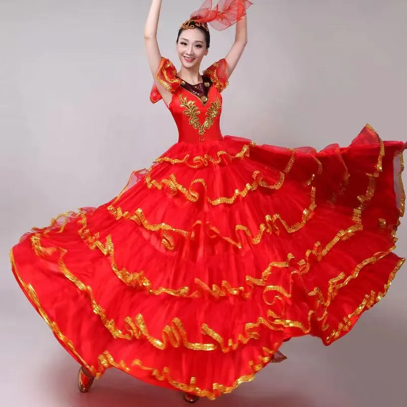 strapless open back dress Contemporary modern Dance dresses for women girls white red flamenco ballet  dance long dress large swing skirt for female  Moderndancedress.com
