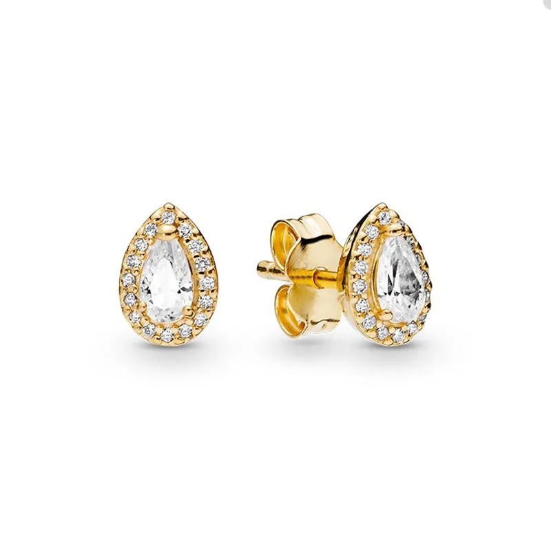 Pendientes de botón de lágrima chapados en oro amarillo para Pandora Jewelry 925 Juego de aretes de boda de plata esterlina para mujer Pendiente de diamante de cristal con caja original