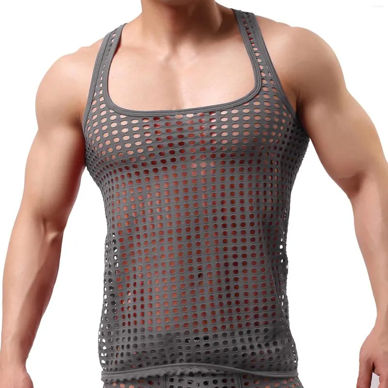 Canotte da uomo Maglia senza maniche da uomo Vedere attraverso il muscolo Fishnet Scava fuori la maglia Canotte Palestra Allenamento Sport Tee Abbigliamento uomo