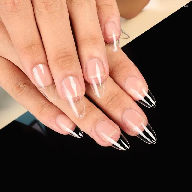 French Nude White Line Fake Nails Long Oval Full Artificial Press On Nails  Tips | eBay