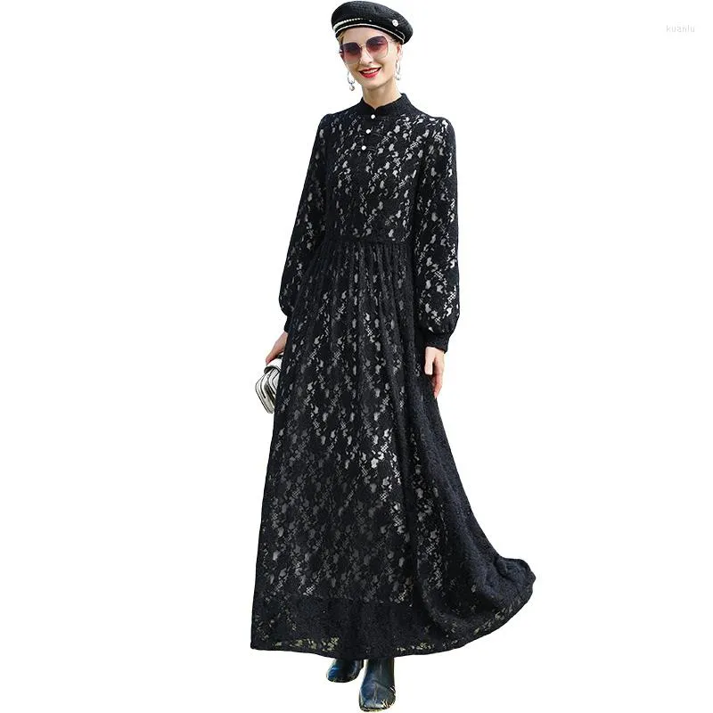 Casual Dresses Autumn Winter England Style Fashion Long Dress Office Lady Lace Evening Wedding Clothing Women Sleeve Runway Black