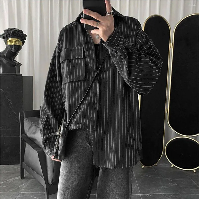 Camisas casuais masculinas camisa listrada preta de moda de outono de manga longa solta harajuku vintage roupas básicas de rua de rua