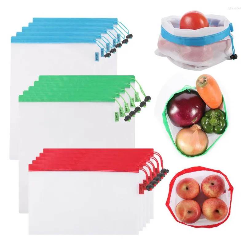 収納バッグ15pcs再利用可能なフルーツメッシュ厚いポリエステル生産野菜用バッグ