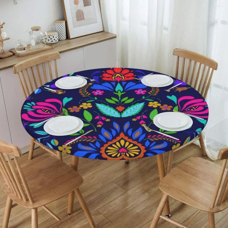 Table Cloth Waterproof Oil-Proof Folk Mexican Vacation Art Tablecloth Elastic Edge Cover Colorful Textile Embroidery