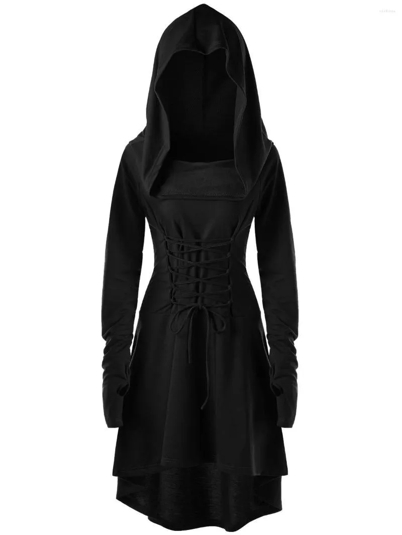 Casual Dresses Womens Renaissance Costumes Hooded Robe Lace Up Vintage Pullover High Low Long Hoodie Dress Cloak
