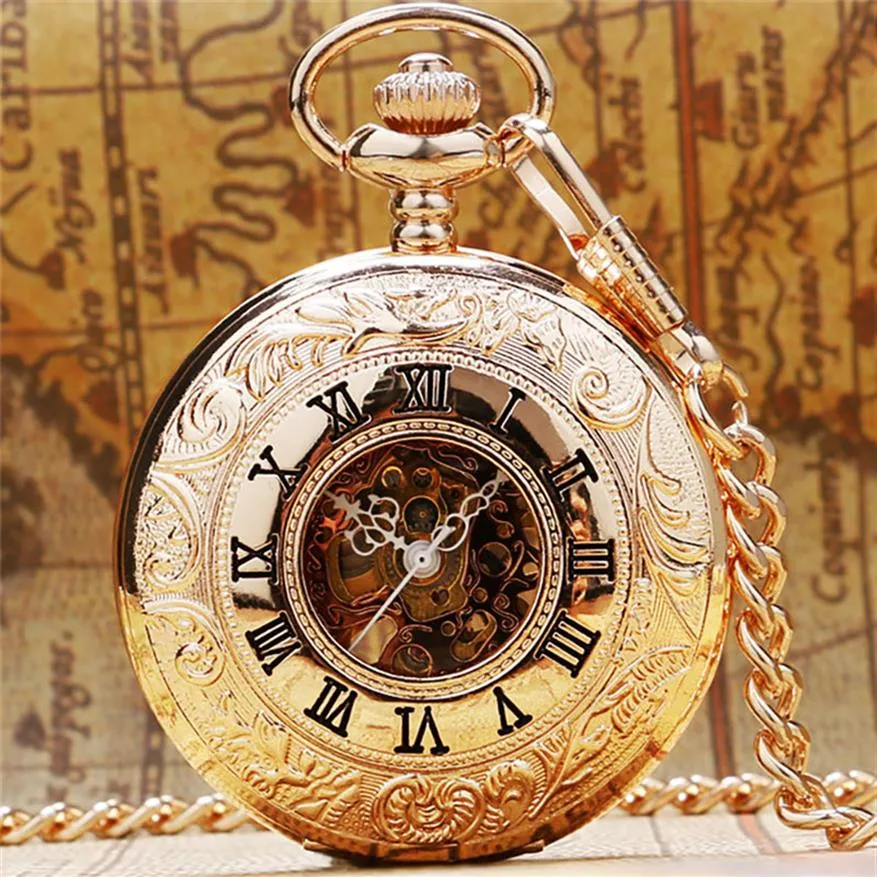 Classical Steampunk Rose Gold Color Handwinding Mechanical Pocket Watch Unisex Roman Numerals Skeleton Clock Pendant Chain Reloj d247C