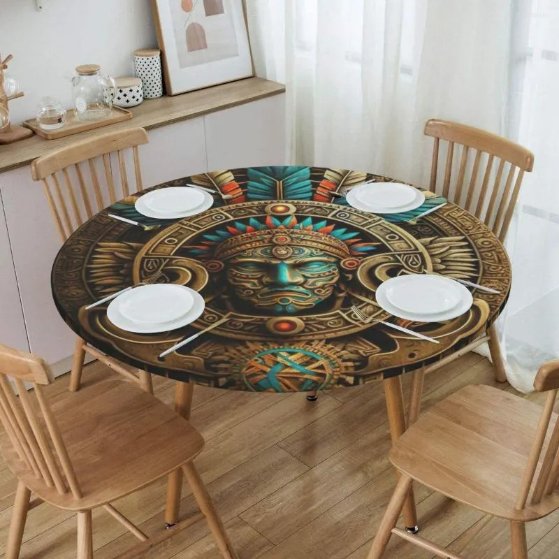 Bordduk rund monterad gyllene aztek krigare vattentät bordsduk 40 "-44" täckt med elastisk kant