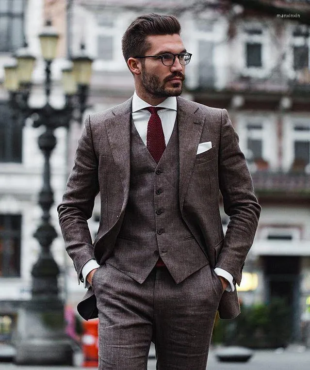 Herrenanzüge Herbst Hellweinrot Tweed-Blazer-Sets für Männer Formeller 3-teiliger Bräutigam-Hochzeitsanzug mit Weste und Hose