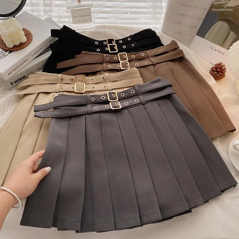 Skirts 90s Vintage Retro Pearls Women Y2k High Waist Short Skirt With Belt Pleated Female A line Clothing All match