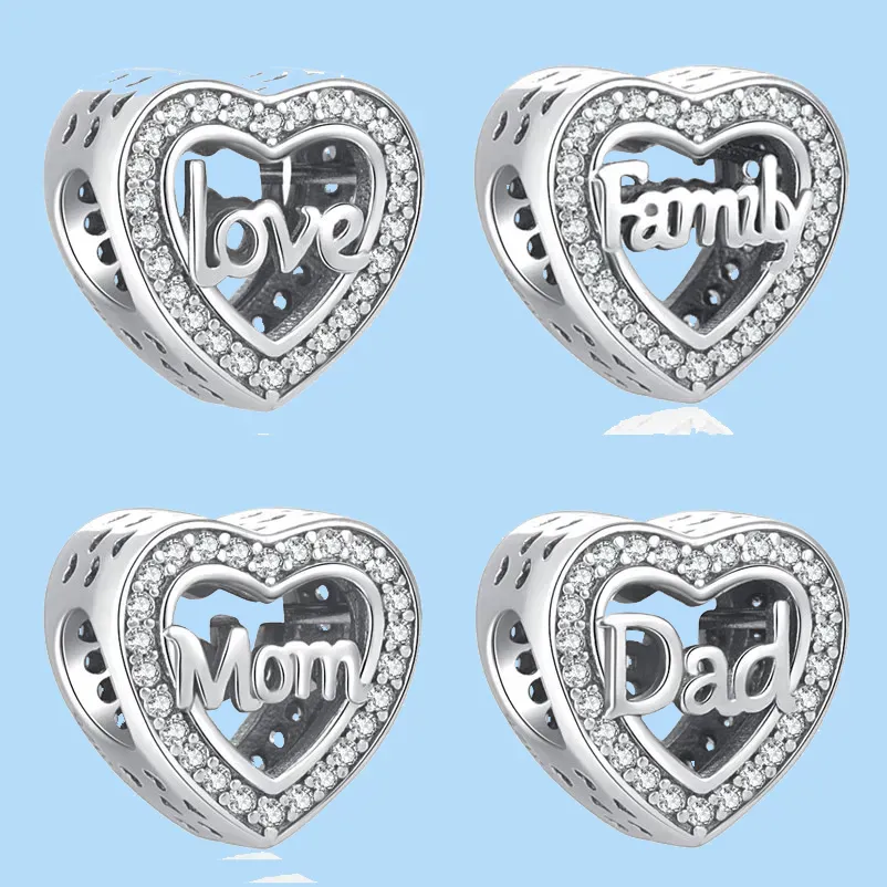 Breloques en argent sterling 925 pour perles de bijoux pandora CHAUDE Brillant pour toujours Famille Charme en forme de coeur Amour Papa Maman