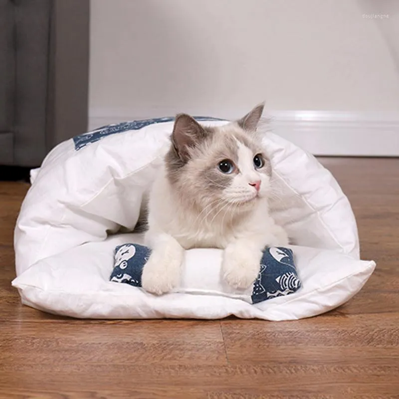 Kattbäddar mjuka och fluffiga söta sängkläder husdjur sängmönster blå lämplig för kall vinter gör att dina katter är glada retro
