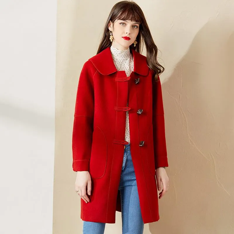Dameswolmengsels 2023 Street Style Winter Fashion Solid Long Woolen Jackets en Coats Women Turn Collar Lady Overjas Outerwear Down Outterwear