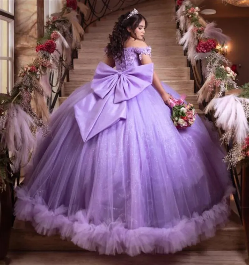 Cinderalle Lilac Quinceanera Dresses 2023 Off Shoulders Sweet 15 Dress Ball Gown Flowers Vestidos De Xv Baile Corset Big Bow robe de mariee Vestidos