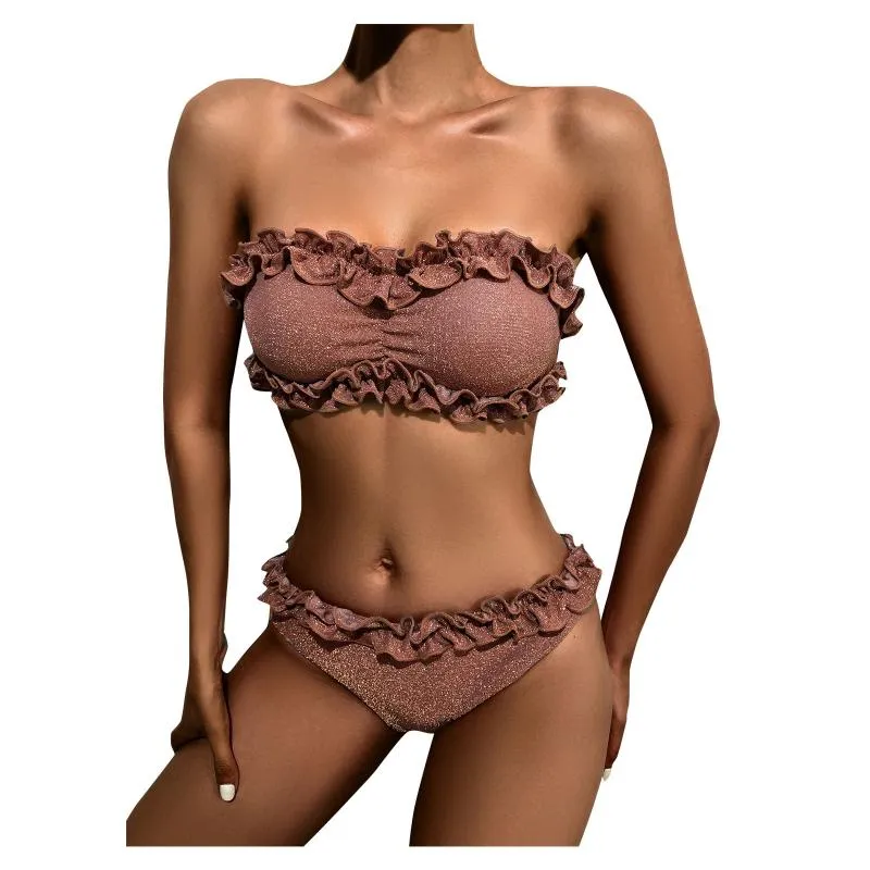 Kadın Mayo Kadın Sequins Bandage Bikini Set Push-Up Brezilya Plaj Giyim Yaz Pileli Dantel Mayo Yüksek Bel Seksi Mujer