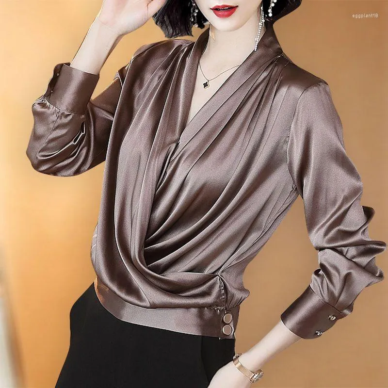 Women's Blouses Blouse 2023 dames shirt zijden tops dames veer vaste kleur losse cross v-neck blusas mouw mujer de moda e280