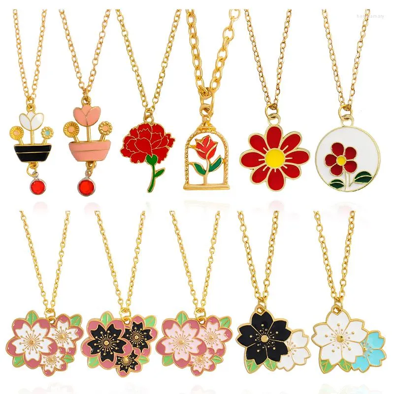 Chains Fashion Cherry Blossoms Red Rose Sun Flower Pendant Necklace Colorful Charm Party Female Friend Jewelry Gift