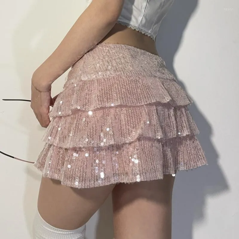 Röcke Mode Frauen Pailletten Mini Damen Mädchen Rosa Geschichteten Rüschen Streetwear Kurze A-linie Sparkly Club Party