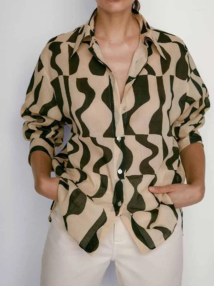 Blouses femmes femmes 2023 mode motif géométrique asymétrique boutonné à manches longues femmes chemises Chic hauts 0515/986